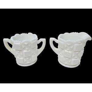 Milk Glass Cream Sugar Set Old Quilt Pattern White Vintage 1940s Westmoreland